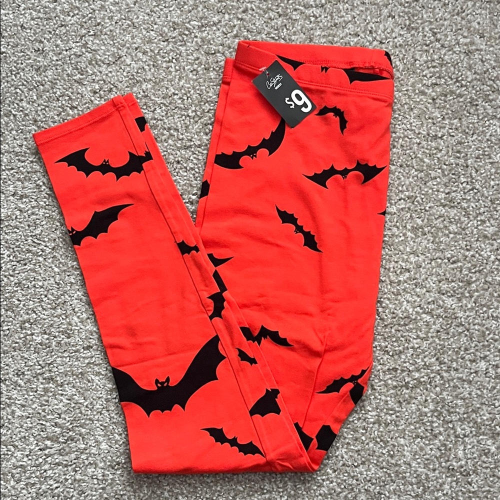 Orange Women’s Leggings with Black Bat Print